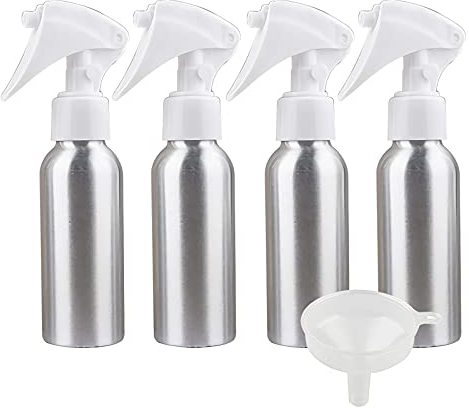ZEOABSY 4 Pièces Flacon Spray Vide 100ml avec Vaporisateur Brumisateur Blanc, Bouteilles Pulvérisateur en Aluminium Vides pour Cosmétique Cheveux Jardin + 1 Pièce Entonnoir