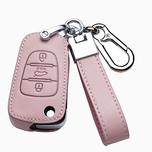 HIBEYO Smart Autoschlüssel Hülle passt für KIA Rio Picanto Ceed Cerato Schutzhülle Schlüsselhülle Cover Rindsleder passt für Hyundai ix20 I20 I30 IX35 Verna Schlüsselbox Schlüsselanhänger-E Rosa
