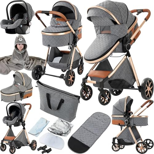 Prokoke Kinderwagen 3 in 1, Buggy mit Umkehrbarem Zwei-Wege-Schub, Kinderwagen Rahmen Aluminiumlegierung, Kombikinderwagen 3 in 1 Einem Klick Faltbar Baby Kleinkind Neugeborene (225 Grey)