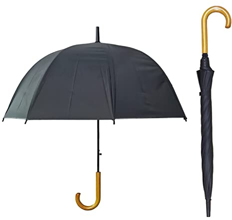 Gadgetking Classic Automatic Umbrella Wooden Crook Handle Wood Wedding Brolly Walking Mens Women Ladies Gents Wedding Funeral Event Strong Stick Travel Plain Buinsenss Fashion Groom