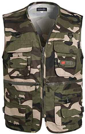 LISUHEPEAL Men's Fishing Vest Summer Outdoor Work Safari Travel Photo Vests with Multi Pockets (S18-Camouflage, L)