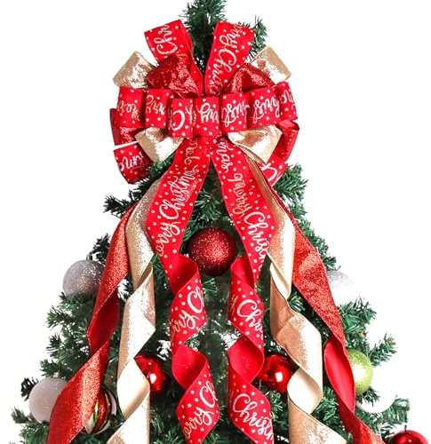 Christmas Tree Topper Christmas Wreath Bow 45x12 Large Christmas Toppers Bow with Letter Patterned for Xmas Tree Rustic Farmhouse Home Holiday Party Decorations Red