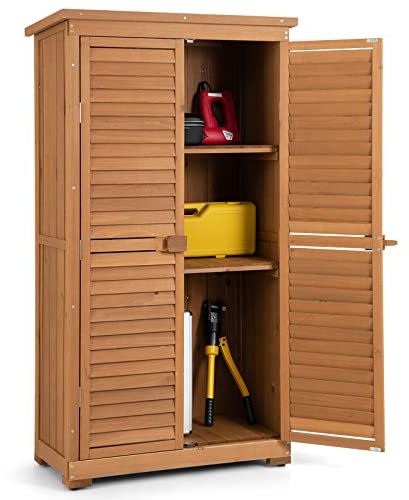 RELAX4LIFE Gartenschrank, Gerätehaus Holz, Geräteschuppen Wetterfest, Gartenhaus mit 3 Ausnehmbaren Regalen & Holzriegel, Holzschuppen mit Asphalt Satteldach, 87 x 47 x 160 cm