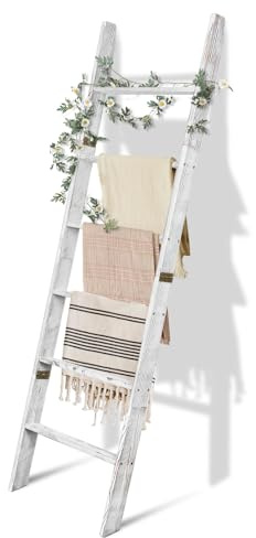 6-Tier Blanket Ladder Wooden,100% Pine,Towel Holder Rack with Anti-Slip Construction,Home Decor,Easy Assembly (Vintage White)