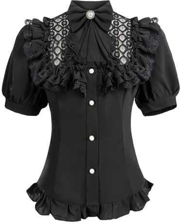 CR ROLECOS Black Victorian Blouse for Women Summer Short Puffy Sleeve Blouse with Bow XL