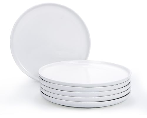 Jassceram Set di 6 Piatti Piani da 27 cm, Grandi in Ceramica, Rotondi per Insalata, Dessert, Pasta, Lavabili in Lavastoviglie, Forno a Microonde, Adatti al Forno, Bianco