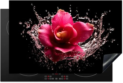 KitchenYeah© Herdabdeckplatte Einteilig Ceranfeld Abdeckplatte Küche Deko | 80x52 cm - Ceranfeldabdeckung Herdabdeckung Induktionsmatte Blumen - Rosa - Wasser - Schwarz - Botanisch - Natur