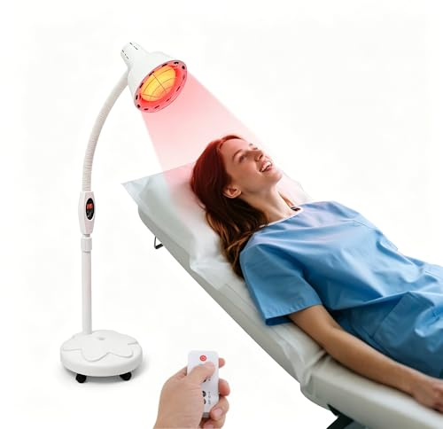 HuKaiL EU 275W rödlju värmelampa, 220V infraröd lampa med stativ 360°-rotation, justerbar temperatur och höjd, infraröd lju med tidtagningssystem och 5 universalhjul för smärtlindring