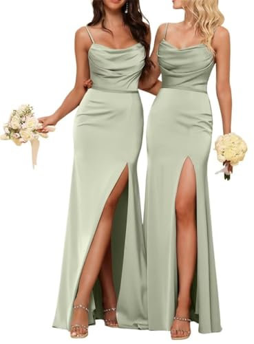 HPPEE Robe de demoiselle d'honneur en satin pour femme - Col bénitier - Bretelles spaghetti - Longue robe de soirée formelle avec fente, vert sauge, 58 plus