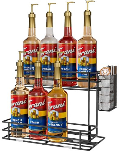Estante organizador de jarabe de café - 8 soportes para botellas de jarabe, soporte para cafetera, barra de café, accesorios con cesta de paja, 2 niveles de cocina, almacenamiento para sirope y vino,