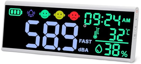 JuviPerpric 13 Inch Decibel Meter - Wall Hanging Sound Level Meter with Large LED Display, Noise, Temperature, Humidity, Time Monitor for Classroom
