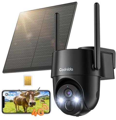 Codnida 4G LTE Telecamera Esterno con Scheda Sim, 2K Telecamera con Pannello Solare, PTZ Videocamera Sorveglianza Esterno, Audio Bidirezionale, Rilevamento del Movimento, Visione Notturna a Colori