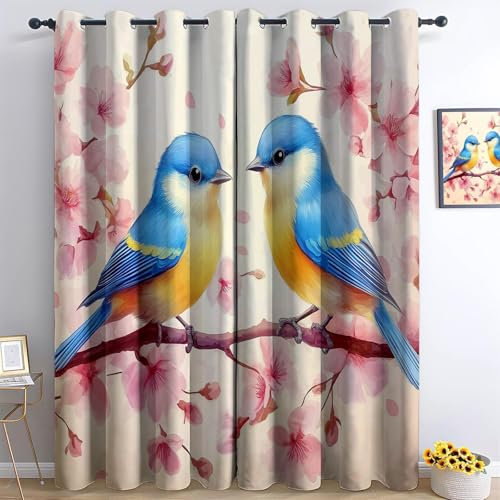 Vorhang Blickdicht mit Ösen Tiere Kirschblüten Vögel, Vorhang Thermo H 140 x B 90 cm (2er Pack) für Kinderzimmer Schlafzimmer, Vorhänge Hellrosa Kälteschutz Bedruckte