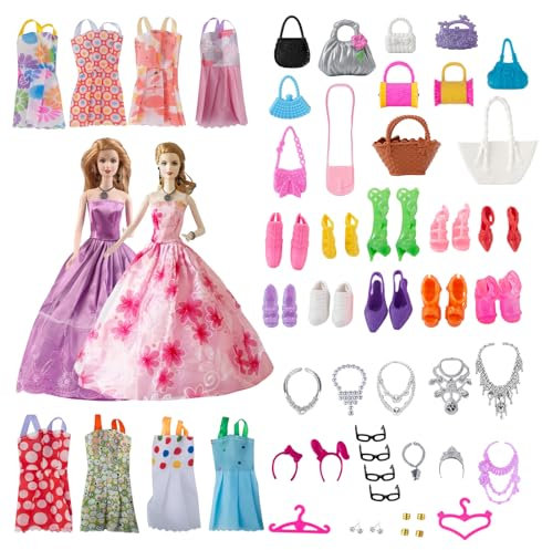 AYNKH 54 Stück 11.5 inch/30cm Puppenmode Zubehör Set , Puppenzubehör,Abendkleider,Minikleider,Partykleider,Handtaschen,Schuhe,SchMuckzubehör,Random Doll Styles