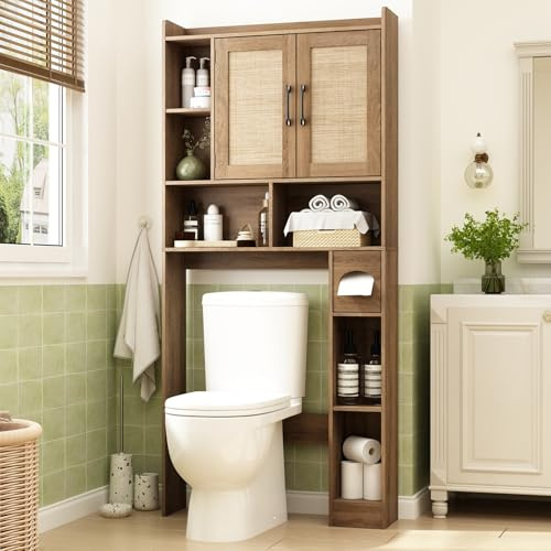 RUSTOWN Rattan Over The Toilet Storage Cabinet, Bathroom Storage Cabinet | Boho Over Toilet Bathroom Organizer, 2 Doors, Adjustable Shelves, Modern Above Toilet Rack with Toilet Paper Holder