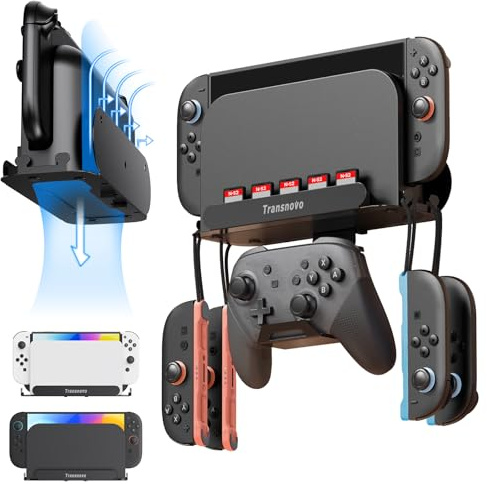 TRANSNOVO Wall Mount for Nintendo Switch 2/Switch OLED/Switch Dock, Versatile Wall Bracket with 5 Game Card Slots, 4 Joy-Con Hanging Slots & Pro Controller Hook, Space-Saving & Easy to Install