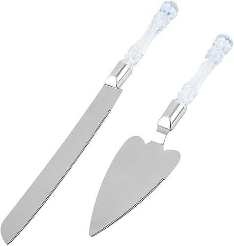 Cake Cutting Set for Wedding 2 Pieces Stainless Steel Cheese Knife Butter Knife Baking Cake Shovel Pizza Shovel Gift Box Set (Crystal Handle Silver)