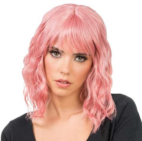 Chaks - Damen Bob Perücke mit Pony, Wellig 35 cm für Cosplay | Kurze lockige Haare aus Polyester, Karneval, Festival und Cosplay Accessoire, Damen Perücke