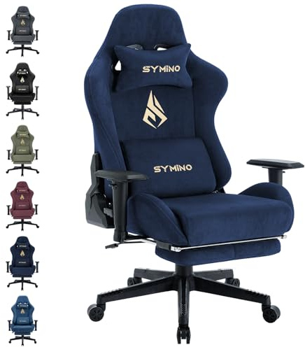 Symino Gaming Stuhl, Atmungsaktiver Bürostuhl aus Wildlederimitat Stoff | So Weich Wie Pelz, Ergonomischer PC-Stuhl, Verstellbarer und Drehbarer Schreibtischstuhl mit Fußstütze, Dunkelblau