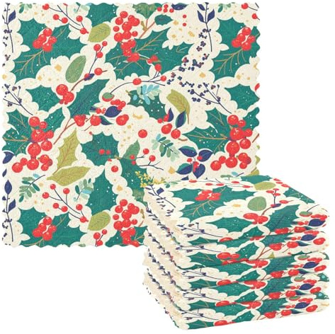 FRODOTGV Juego de 6 paños de limpieza de mesa con diseño de bayas de acebo navideño, toallas de secado de cocina, lavables, de primera calidad, para estufa, 28 x 28 cm