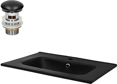 LuxeBath Waschbecken Keramik Schwarz 610x460x165 mm eckig mit Ablaufgarnitur Schwarz, Einbauwaschbecken mit Hahnloch/Überlauf Aufsatzwaschbecken Einbauwaschtisch Waschschale Waschplatz Handwaschbecken