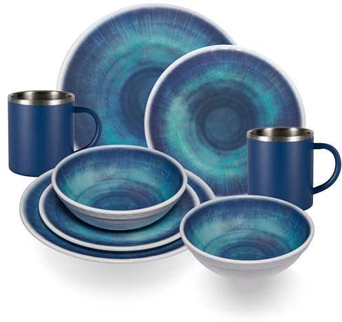 Jesolo Set de vaisselle en mélamine pour 2 personnes, 8 pièces, avec tasses thermiques en acier inoxydable, aspect faïence, passe au lave-vaisselle, vaisselle de camping, camping, festival
