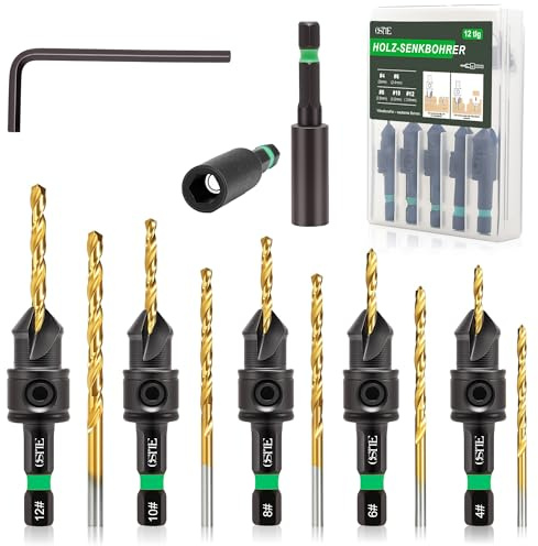 OSTTE 12 punte per trapano a svasatura in legno, con supporto magnetico allungato, #4, #6, #8, #10, #12, 6,35 mm, codolo esagonale per la lavorazione del legno con scatola di immagazzinaggio