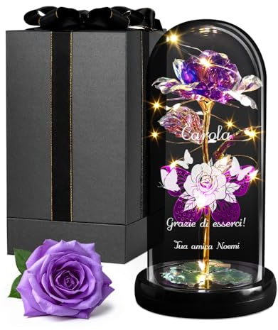 Maverton Rose Eternelle sous Cloche en Verre avec Personnalisation | Fleur Eternelle Cadeau Personnalisé 21x11 avec Lumière LED, Idee Cadeau Femme Anniversaire pour Elle Maman Mamie, Amie
