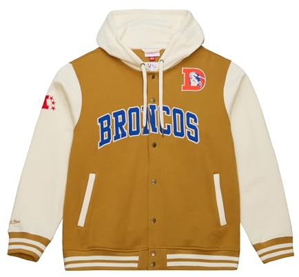 Mitchell & Ness NFL Vintage College Jacke mit Kapuze - Denver Broncos, L, farblich abgesetzte Ärmel, Druckknopf Verschluss, Herren, Frauen, Kinder, Unisex, Frühling, Sommer, Herbst, Winter