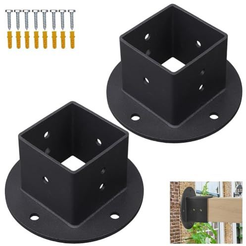 Vilgftyiet Kit de soportes de base de brida cuadrada de 2 x 2 pulgadas con tornillos para barandilla de cubierta, pérgola y estructuras de jardín, soportes de metal negro para postes de madera