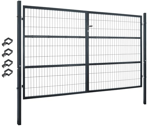 Puerta de jardín, 300 x 160 cm, valla de jardín, valla de doble hoja, puerta de metal para valla de barra, con cierre, incluye postes, color gris V2Aox
