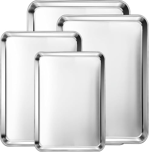 OIENNI Baking Tray Set of 4, Stainless Steel Rimmed Cookie Baking Sheets, 9/10/12/16 Inch Oven Baking Pans, Non-Toxic Mirror Finish, Easy to Clean, Dishwasher Safe