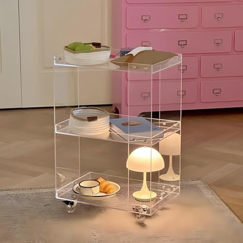 Acryl Beistelltisch mit Feststellrädern - Mobiler Barwagen, Multifunktionaler Rollwagen, Kleiner Nachttisch für Wohnzimmer, Schlafzimmer, Büro