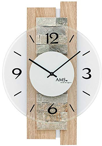 AMS 9542 Wanduhr Quarz analog modern Holz Sonoma Optik mit Naturstein und Glas