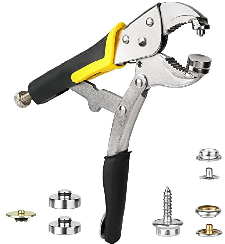 Heavy-Duty Snap Fastener Pliers (Adjustable Setter, 3 Interchangeable Dies) Snap Installation Set Hand Tools for Fastening, Replacing Metal Snaps, Repairing Boat Covers, Canvas