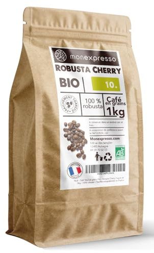 Café grain 1kg - 100% Robusta - Cherry - Intensité 10 - Torréfié Artisanalement en France - 100% biologique - Monexpresso