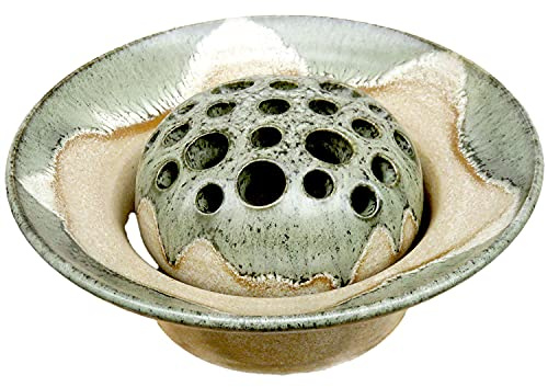 Blumensteckschale beige-grün, 2-teilig, 13 cm Durchmesser | Handgetöpfert, Steinzeug