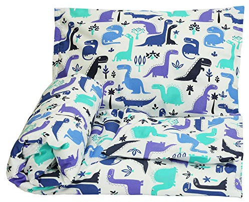 Olobaby Reversible Cot Duvet/Quilt Cover and Pillowcase Set 2 pcs 100% Cotton (Blue Dino, 135 x 100 cm)