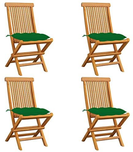 vidaXL 4X Teak Massiv Gartenstuhl mit Grünen Kissen Klappstuhl Holzstuhl Stuhl Gartenmöbel Stühle Balkonstuhl Terrassenstuhl Essstuhl