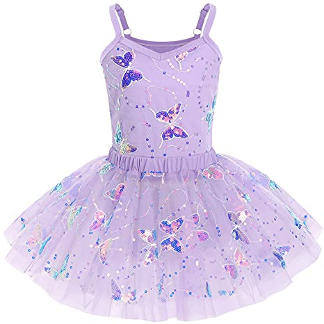 IWEMEK Mädchen Ballettkleid Ärmellos Pailletten Schmetterling Balletttrikot Ballettanzug Tanzkleid Tanzbody Top mit Tütü Rock Ballettrock 2tlg Kinder Ballettkleidung Gymnastik Violett 7-8 Years