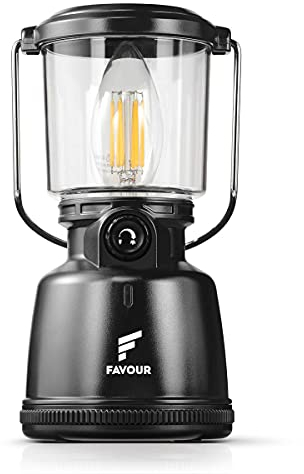 Favour Retro LED Laterne Outdoor | Helle Campinglampe, dimmbar, Kerzenlichtmodus | LED Lampe Akku aufladbar, IP64 wasserdicht, stoßfest | Hängelampe Zelt, abnehmbarer Schirm, schwarz inkl. Akku
