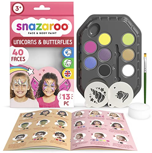 Snazaroo Palette de Peinture Visage Licorne et Papillons pour Enfants et Adultes, 8 Couleurs, 13 pièces, pochoirs, Pinceau, éponge, Guide, à Base d'eau, Maquillage, Body Painting et fêtes