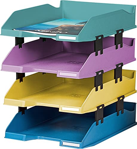Exacompta - Réf. 113293SETD - Set de 4 corbeilles à courrier COMBO MIDI Forever Young - dimensions 34,6 x 25 x 24,3 cm - pour documents au format A4+ - certifié Ange Bleu - couleurs assorties