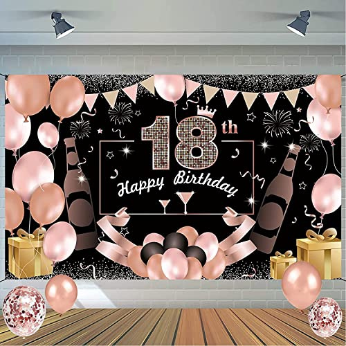 JBJXNXH Decoración de Fiesta 18 Años, Fondo de Cumpleaños de Oro Rosa, Banner de Feliz Cumpleaños, Póster de Tela Cartel Extra Grande Con 20 Globos