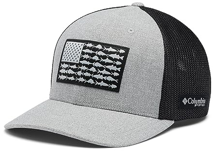Columbia Unisex PFG Fish Flag Mesh Ball Cap-High Crown, Cool Grey Heather/Grill/US Fish Flag, Large/X-Large