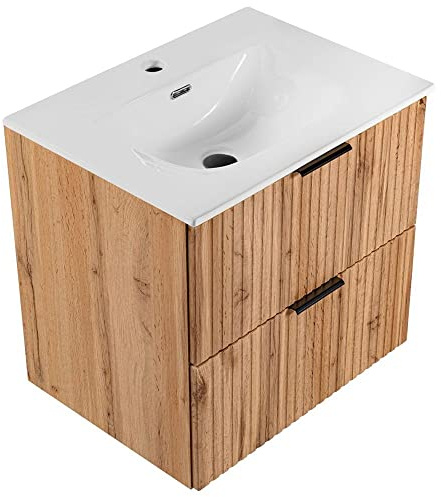 Lomadox Badmöbel Waschtisch Set 61cm mit Keramik Waschbacken, Unterschrank Wotaneiche mit gerilllter Front, Badschrank mit 2 Softclose-Auszügen, B/H/T ca. 61/58,5/46 cm