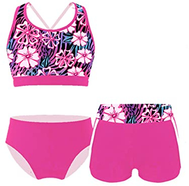 YEAHDOR Costume da Bagno Bambina 3 Pezzi Tankini Crop Top Stampa + Pantaloncini da Bagno + Mutande Slip Costumi Mare Bikini da Spiaggia Piscina Abito da Nuoto Swimsuit A Rosa 11-12 Anni