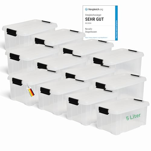 Novaliv 12x Aufbewahrungsboxen mit Deckel 5L transparente Nestbar stapelbare Storage boxes mit Clipverschluss Kunststoff BPA-frei 30 x 19 x 14 cm
