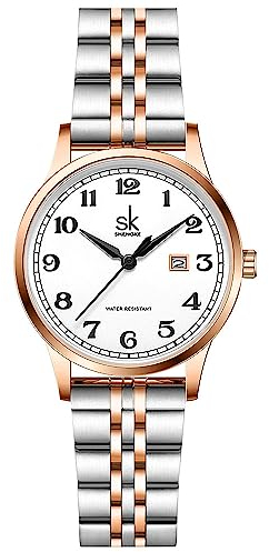 SHENGKE SK Klassische Business Damenuhren mit Edelstahlband und eleganter Damenuhr aus echtem Leder (Silver-Rosegold)
