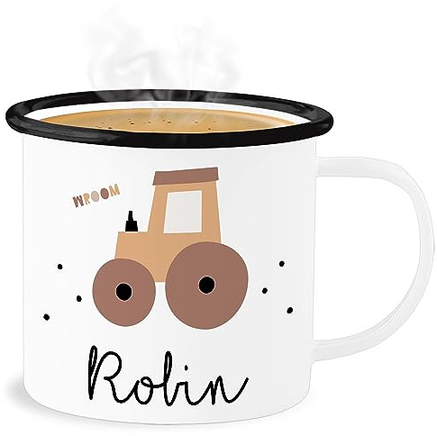 Emaille Becher Blechbecher - Süßer Traktor Trecker Schlepper Bulldog - 300 ml - Weiß Schwarz - personalisierte tasse kita traktoren trinkbecher kindertasse junge landwirtschaft tassen mug tractor